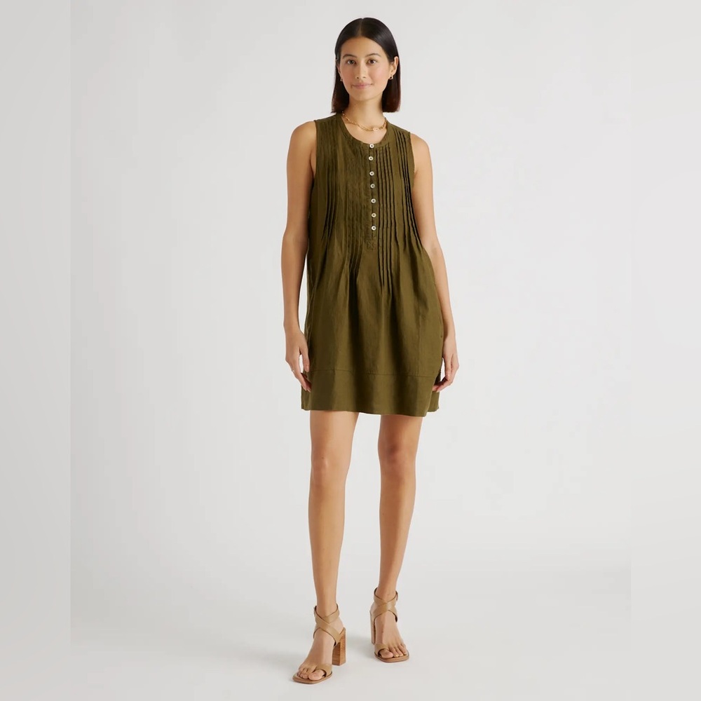 Quince Olive Pintuck Button Sleeveless Mini Dress